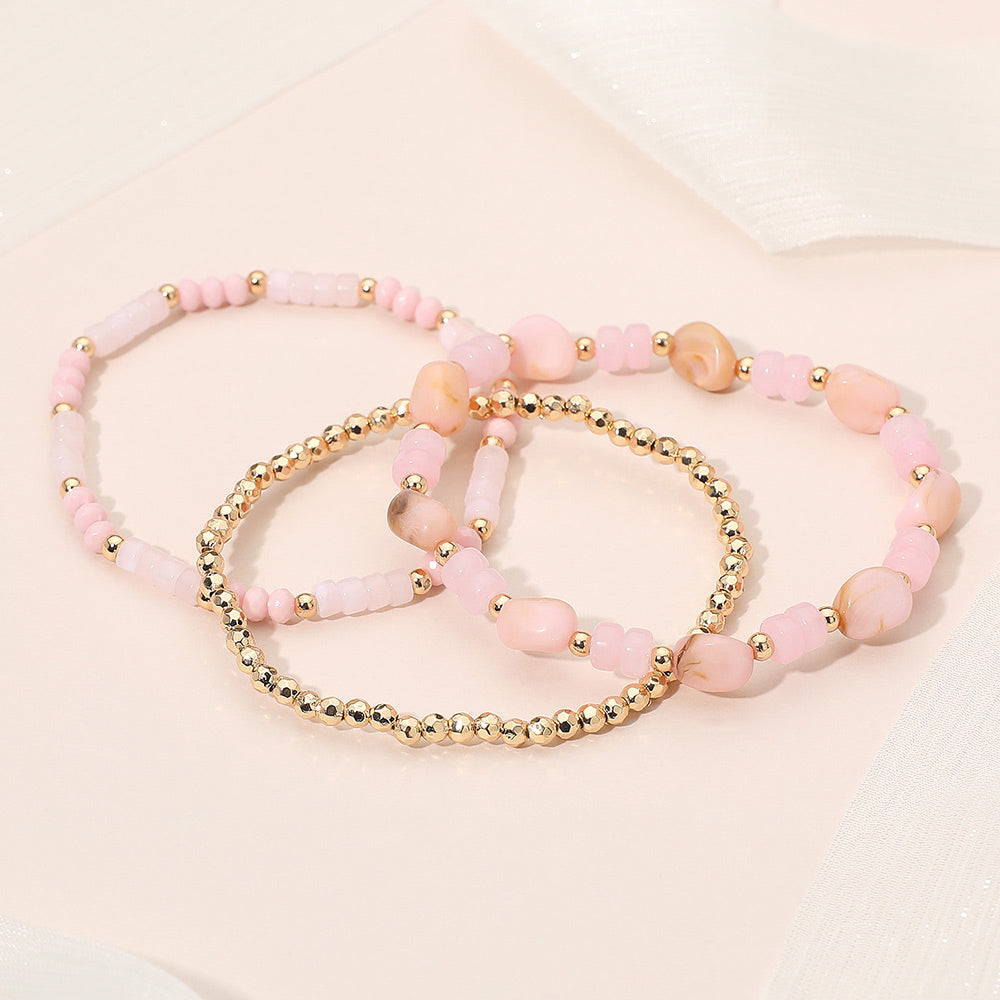 Madeline Love Gold, Pink 3PCS - Resin Pebble Metal Ball Beaded Stretch Multi Layered Bracelets - extra