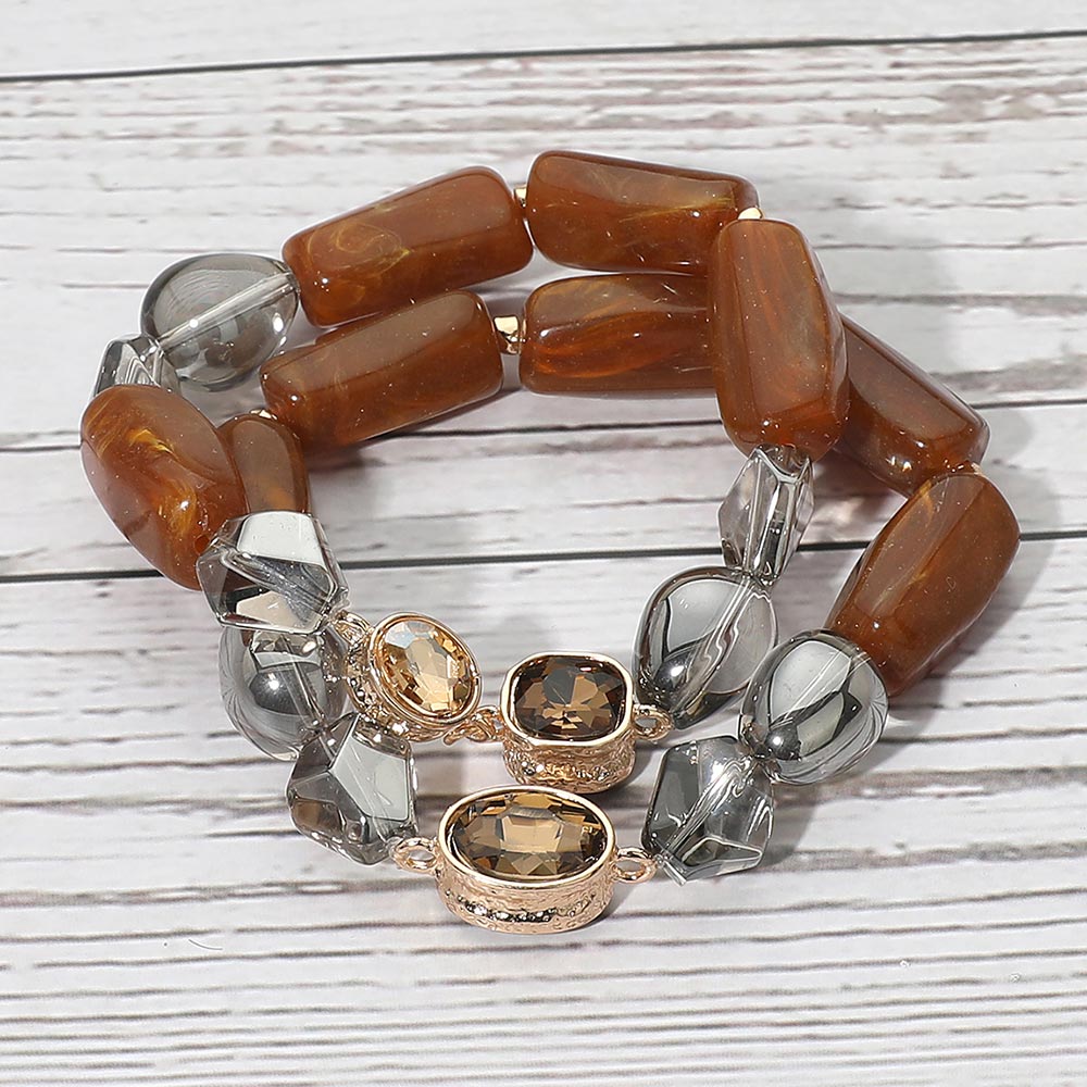 Madeline Love Brown 2PCS - Chunky Marbled Resin Pebble Faceted Stone Beaded Stretch Multi Layered Bracelets