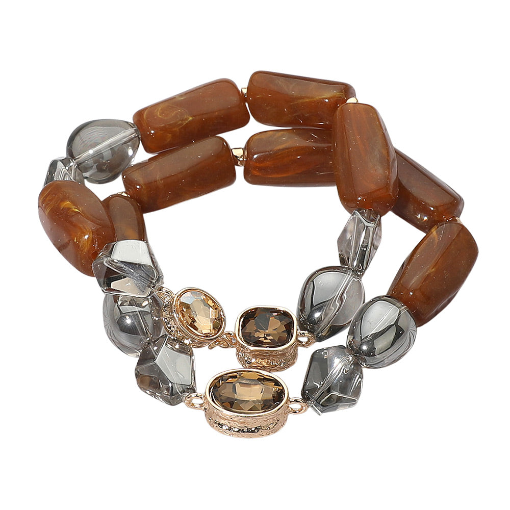 Madeline Love Brown 2PCS - Chunky Marbled Resin Pebble Faceted Stone Beaded Stretch Multi Layered Bracelets - desc