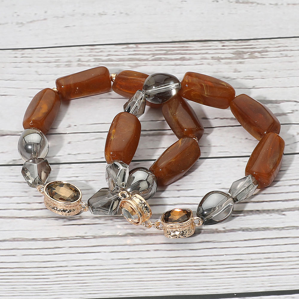 Madeline Love Brown 2PCS - Chunky Marbled Resin Pebble Faceted Stone Beaded Stretch Multi Layered Bracelets - extra