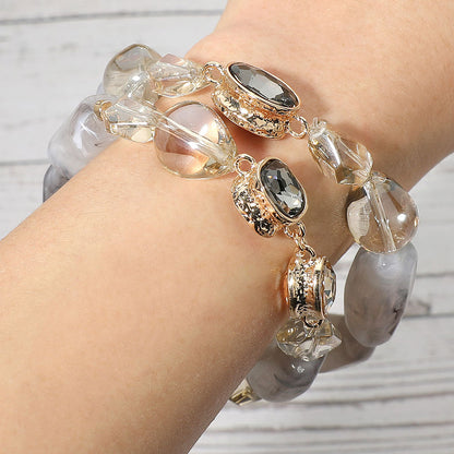 Madeline Love Gray 2PCS - Chunky Marbled Resin Pebble Faceted Stone Beaded Stretch Multi Layered Bracelets