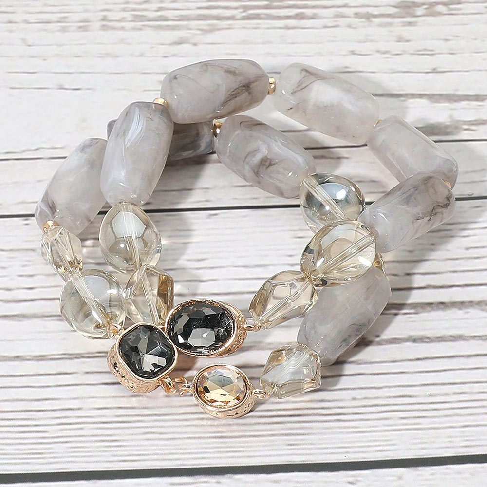 Madeline Love Gray 2PCS - Chunky Marbled Resin Pebble Faceted Stone Beaded Stretch Multi Layered Bracelets - desc