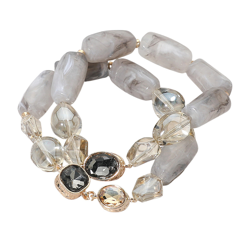 Madeline Love Gray 2PCS - Chunky Marbled Resin Pebble Faceted Stone Beaded Stretch Multi Layered Bracelets - extra