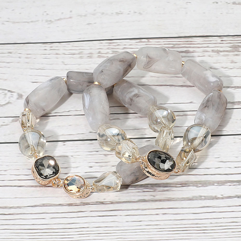 Madeline Love Gray 2PCS - Chunky Marbled Resin Pebble Faceted Stone Beaded Stretch Multi Layered Bracelets - extra