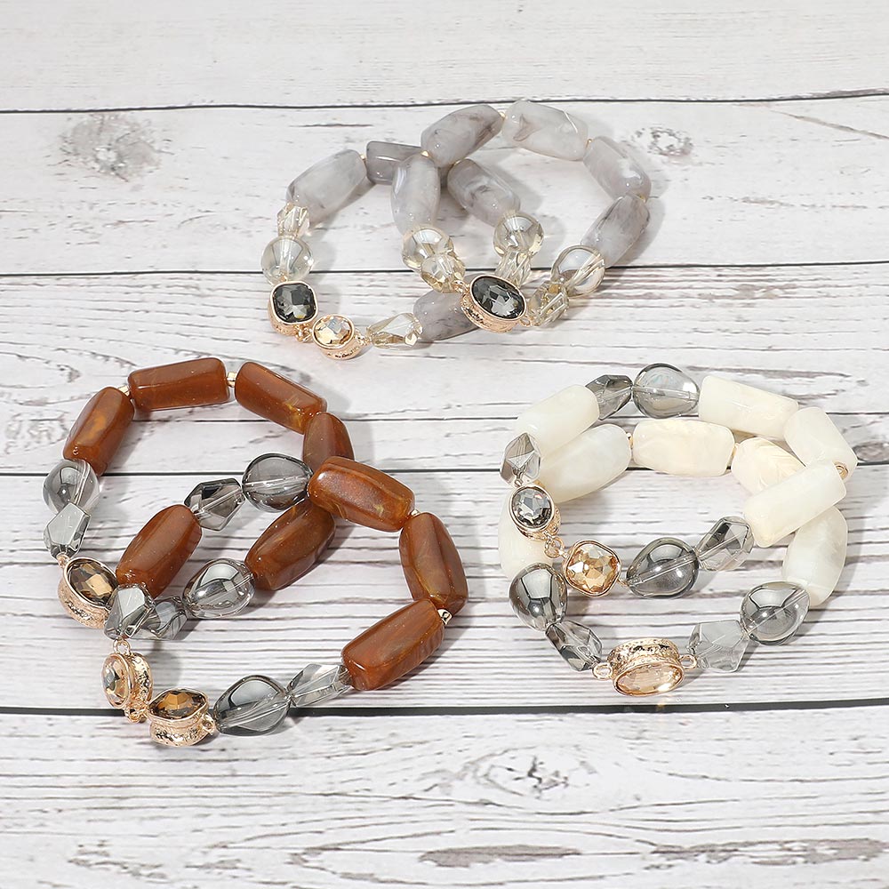 Madeline Love Gray 2PCS - Chunky Marbled Resin Pebble Faceted Stone Beaded Stretch Multi Layered Bracelets - extra