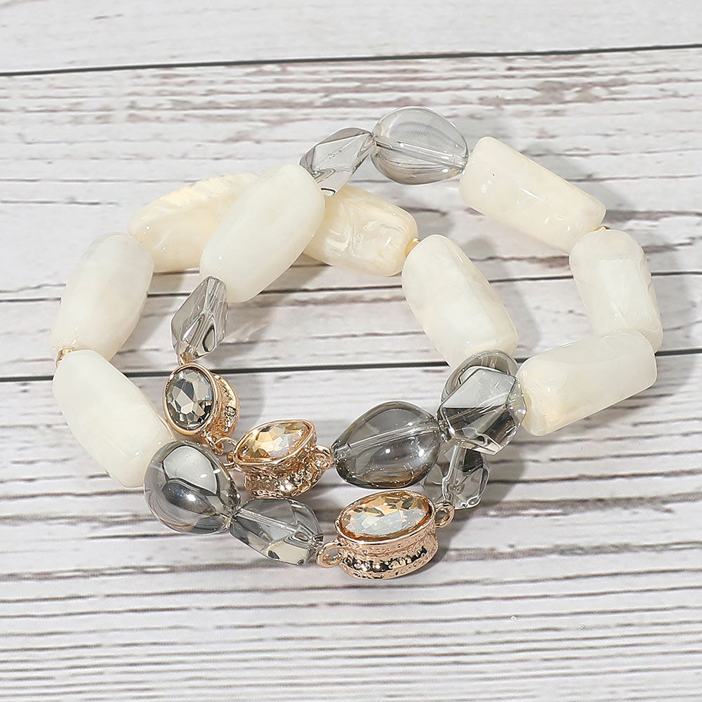 Madeline Love Ivory 2PCS - Chunky Marbled Resin Pebble Faceted Stone Beaded Stretch Multi Layered Bracelets