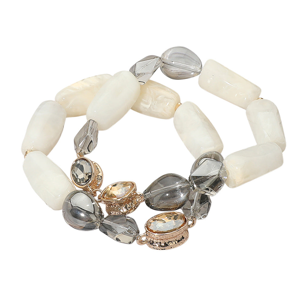 Madeline Love Ivory 2PCS - Chunky Marbled Resin Pebble Faceted Stone Beaded Stretch Multi Layered Bracelets - desc