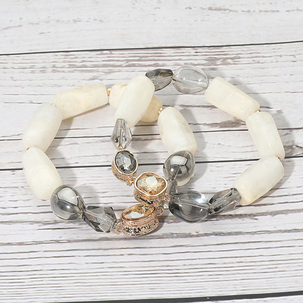 Madeline Love Ivory 2PCS - Chunky Marbled Resin Pebble Faceted Stone Beaded Stretch Multi Layered Bracelets - extra