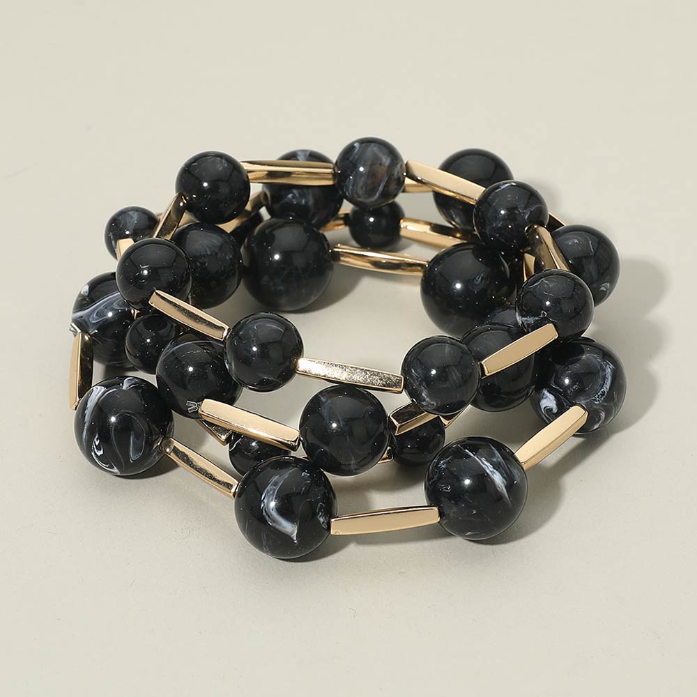 Madeline Love Black 4PCS - Round Ball Metal Bar Beaded Stretch Multi Layered Bracelets