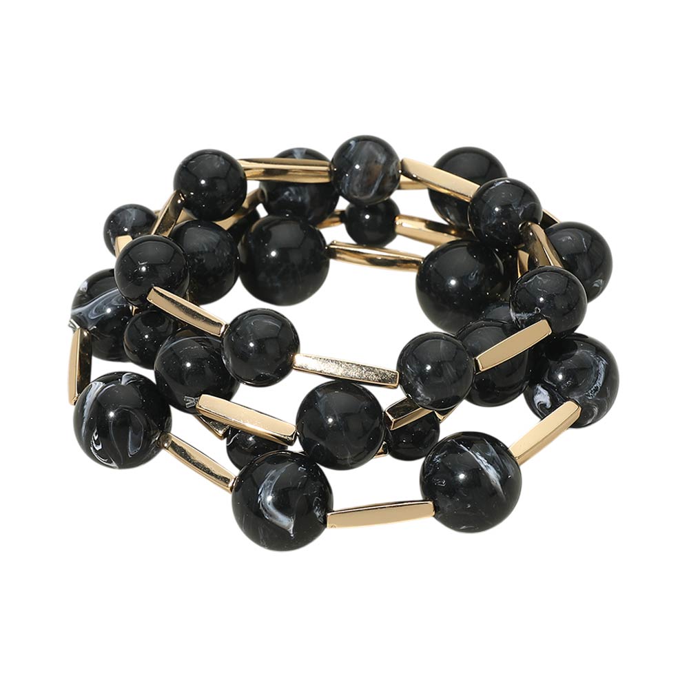 Madeline Love Black 4PCS - Round Ball Metal Bar Beaded Stretch Multi Layered Bracelets - desc