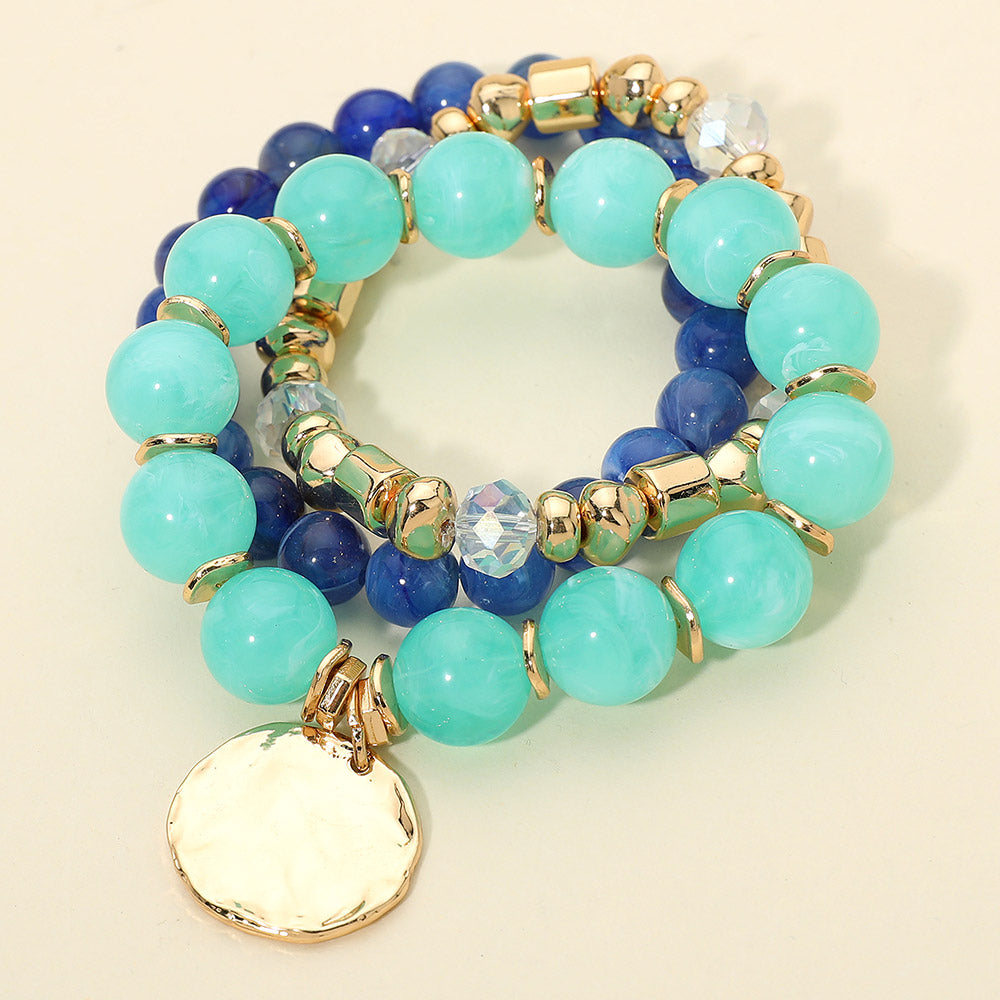 Madeline Love Aqua 3PCS - Hammered Metal Disc Charm Accent Beaded Stretch Multi Layered Bracelets