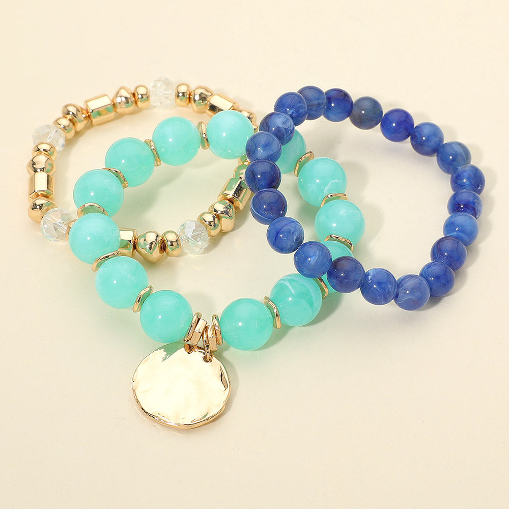 Madeline Love Aqua 3PCS - Hammered Metal Disc Charm Accent Beaded Stretch Multi Layered Bracelets - desc