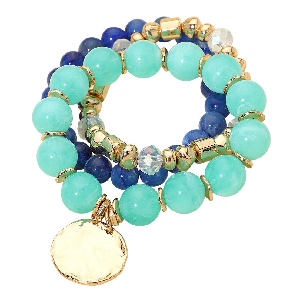 Madeline Love Aqua 3PCS - Hammered Metal Disc Charm Accent Beaded Stretch Multi Layered Bracelets - extra