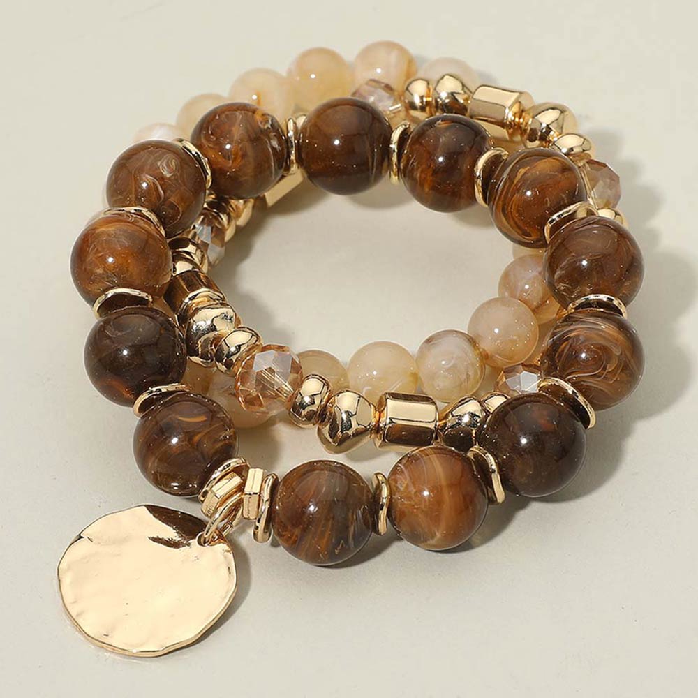 Madeline Love Brown 3PCS - Hammered Metal Disc Charm Accent Beaded Stretch Multi Layered Bracelets