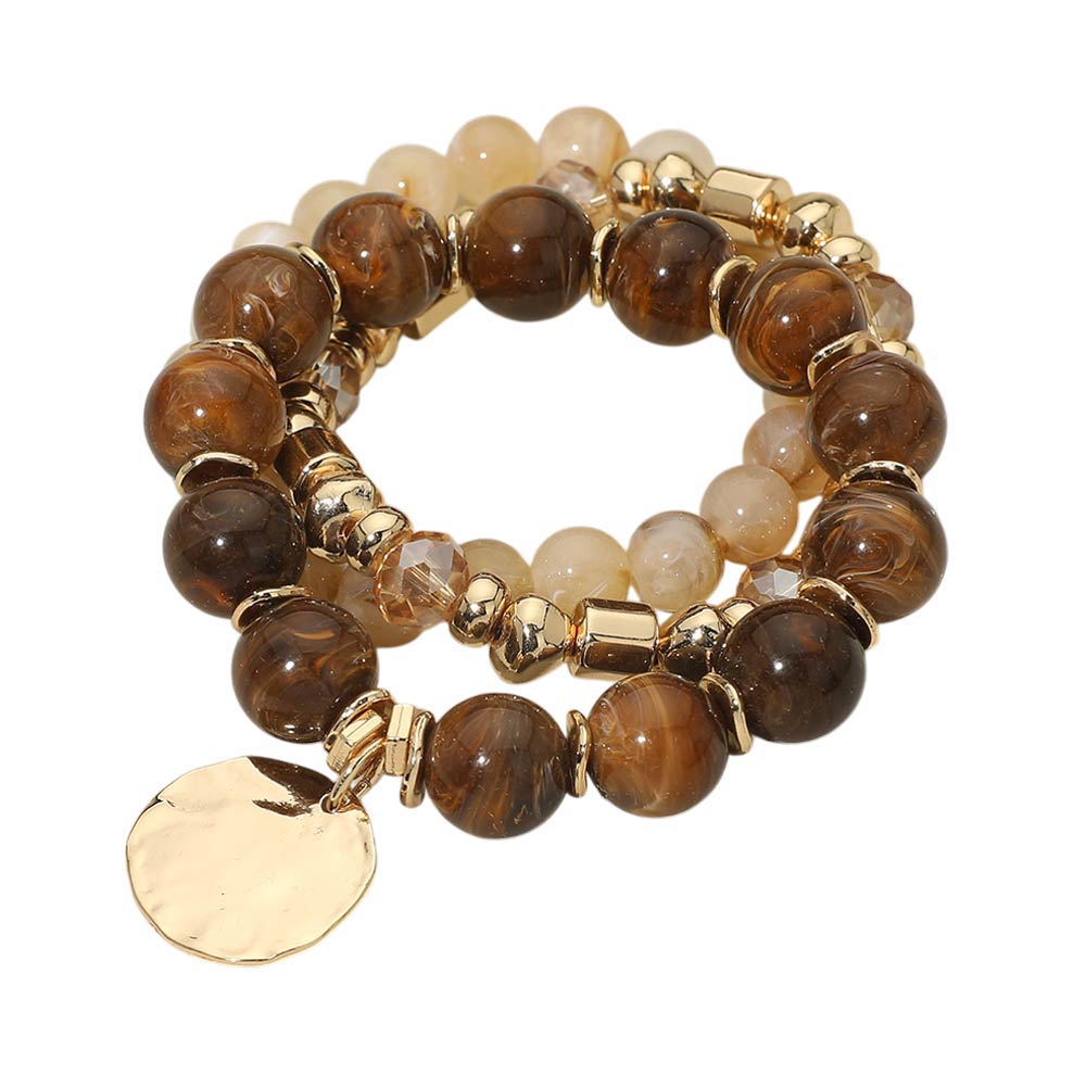 Madeline Love Brown 3PCS - Hammered Metal Disc Charm Accent Beaded Stretch Multi Layered Bracelets - desc