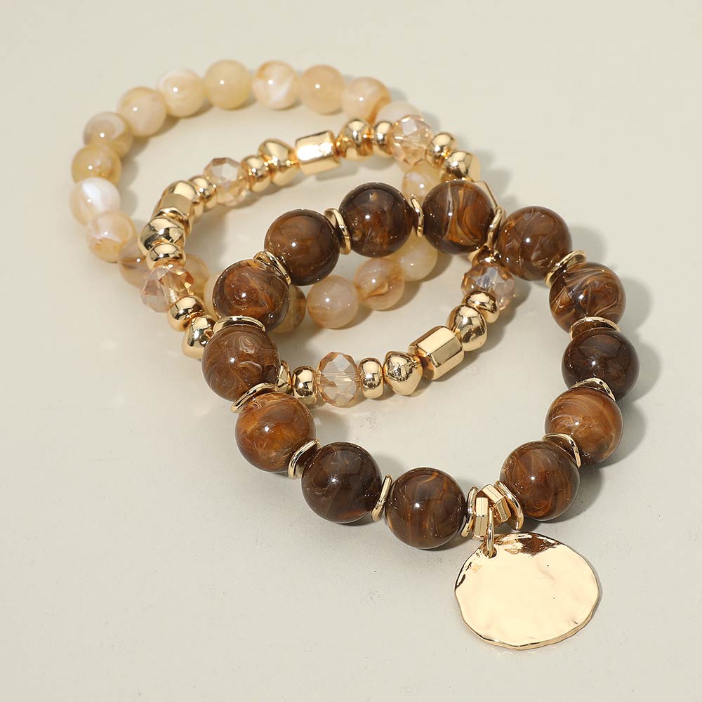 Madeline Love Brown 3PCS - Hammered Metal Disc Charm Accent Beaded Stretch Multi Layered Bracelets - extra