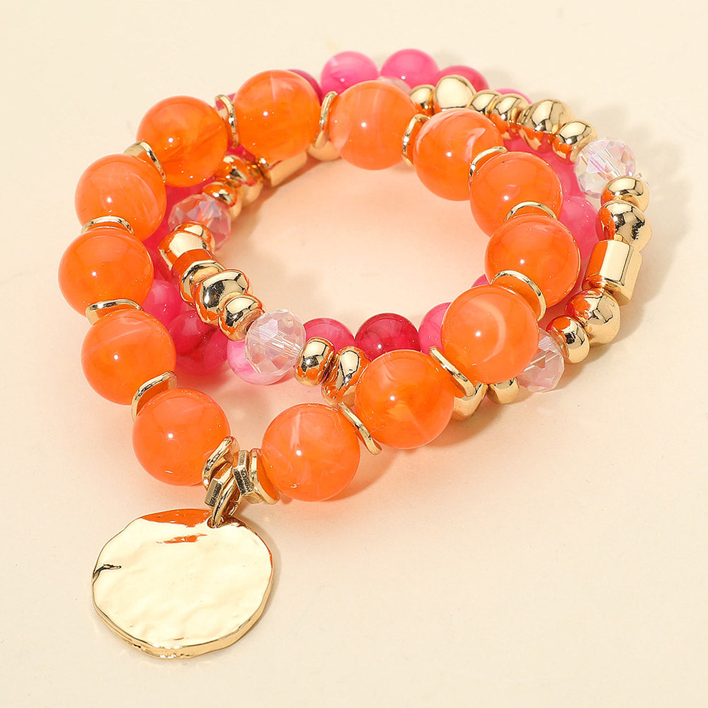 Madeline Love Fuchsia 3PCS - Hammered Metal Disc Charm Accent Beaded Stretch Multi Layered Bracelets