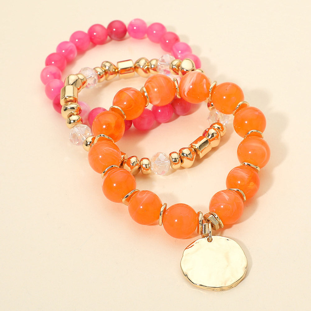 Madeline Love Fuchsia 3PCS - Hammered Metal Disc Charm Accent Beaded Stretch Multi Layered Bracelets - desc