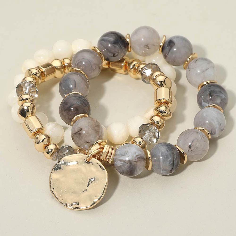 Madeline Love Gray 3PCS - Hammered Metal Disc Charm Accent Beaded Stretch Multi Layered Bracelets