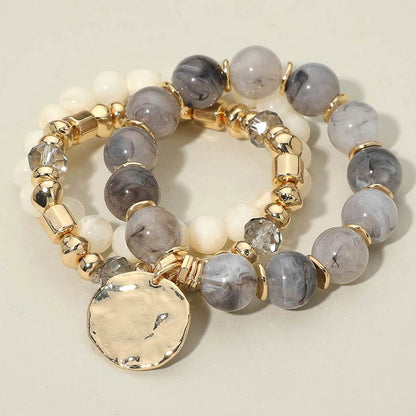 Madeline Love Gray 3PCS - Hammered Metal Disc Charm Accent Beaded Stretch Multi Layered Bracelets