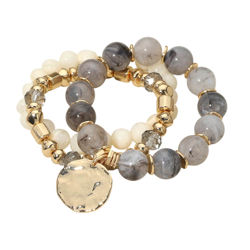 Madeline Love Gray 3PCS - Hammered Metal Disc Charm Accent Beaded Stretch Multi Layered Bracelets - desc