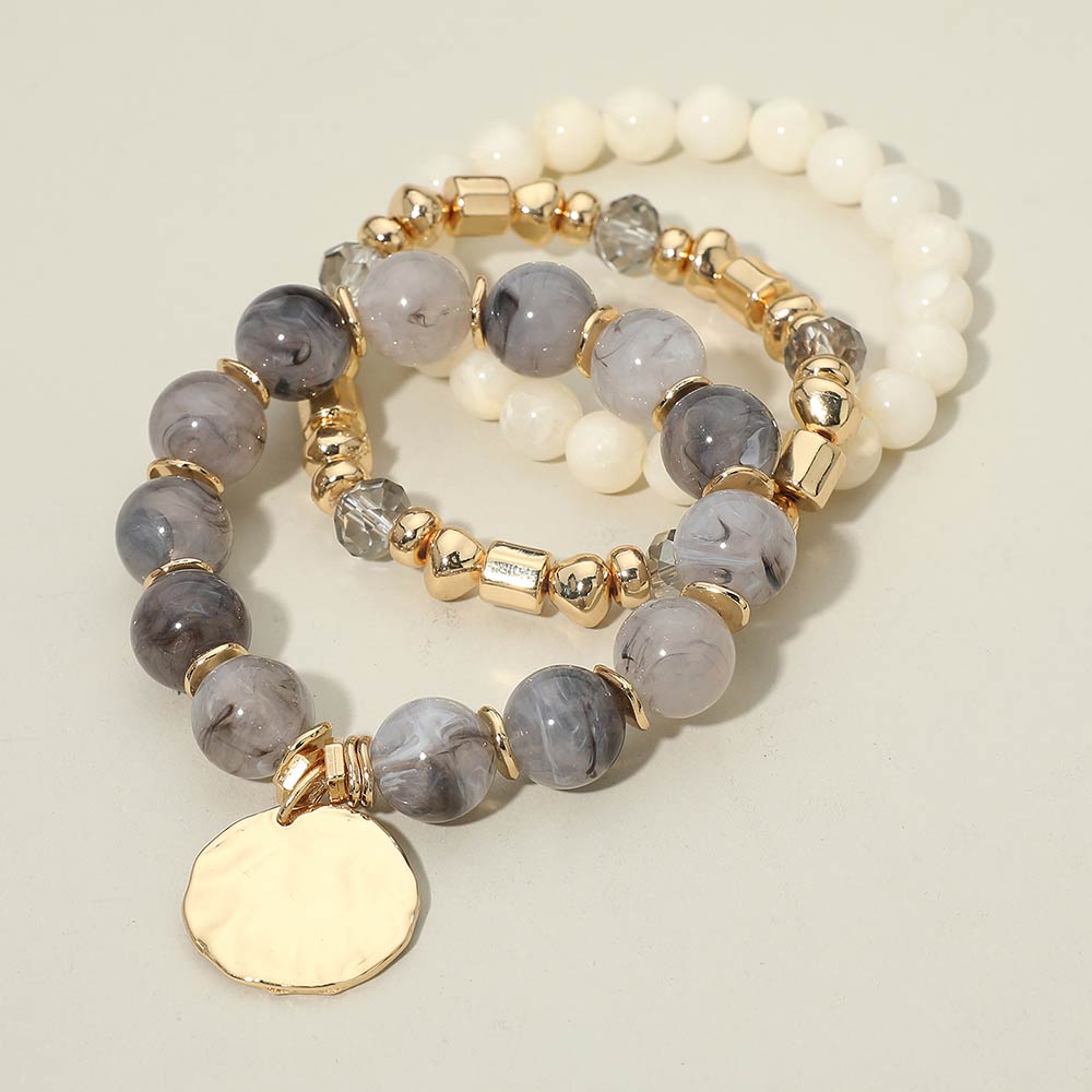 Madeline Love Gray 3PCS - Hammered Metal Disc Charm Accent Beaded Stretch Multi Layered Bracelets - extra