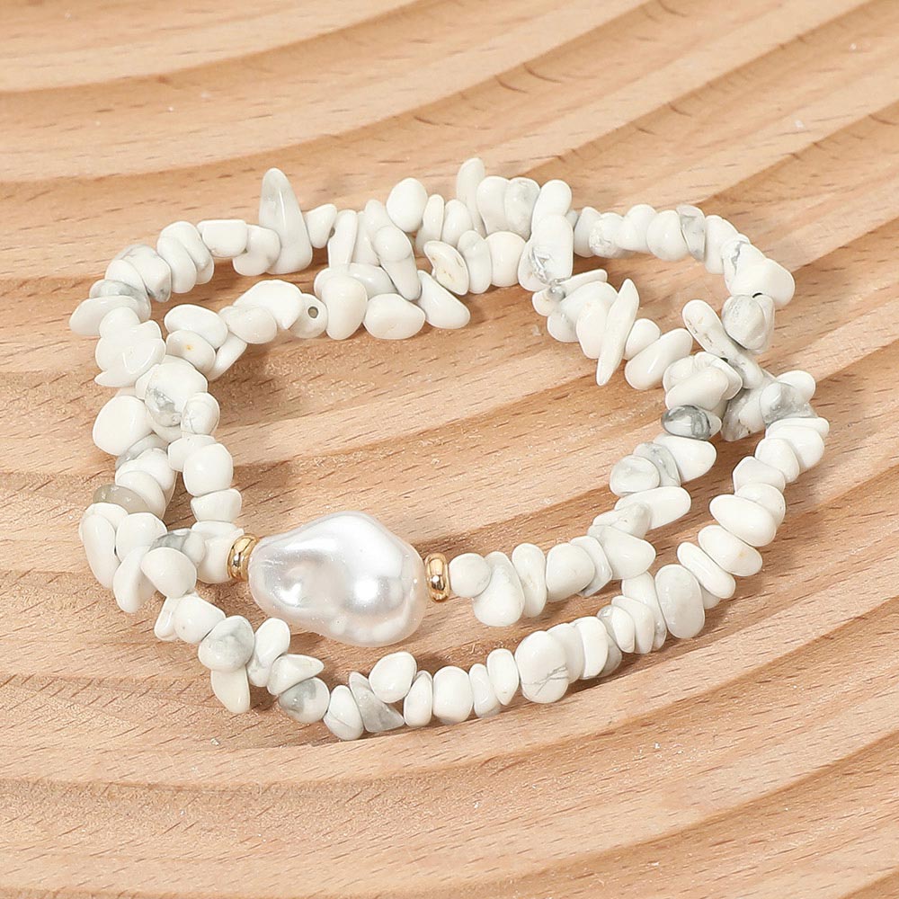 Madeline Love Gold, Howlite Organic Shaped Pearl Accent Semi Precious Pebble Stone Beaded Stretch Multi Layered Bracelets
