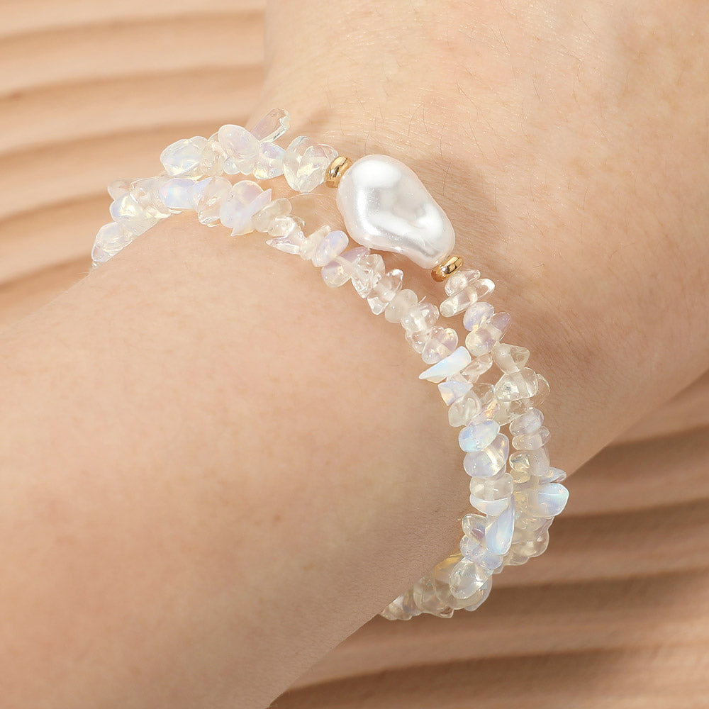 Madeline Love Gold, White Organic Shaped Pearl Accent Semi Precious Pebble Stone Beaded Stretch Multi Layered Bracelets