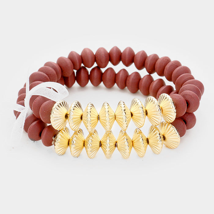 Madeline Love Burgundy, Gold 2PCS Wood Bead Stretchable Bracelets - Jewelry
