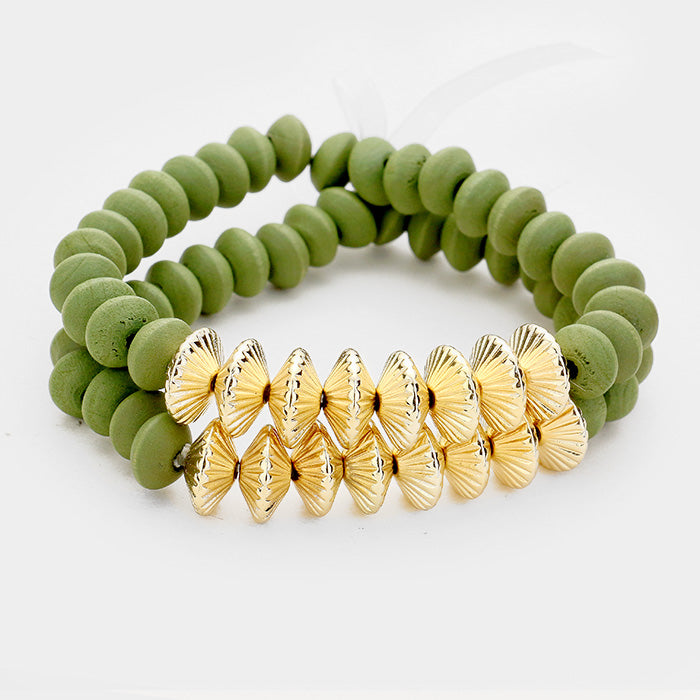 Madeline Love Gold, Olive Green 2PCS Wood Bead Stretchable Bracelets - Jewelry
