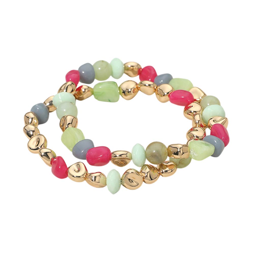 Madeline Love Fuchsia 2PCS - Multicolor Pebble Beaded Stretch Multi Layered Bracelets - desc