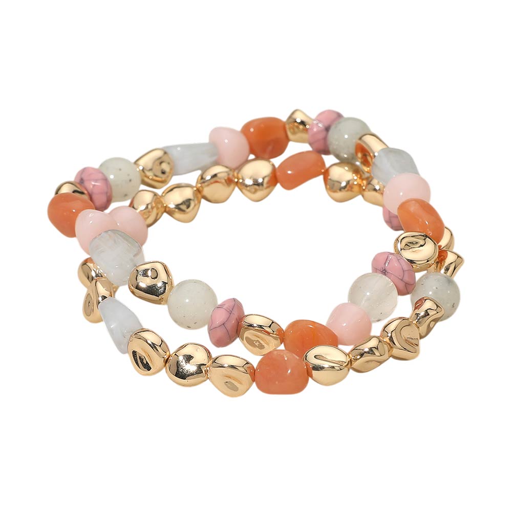 Madeline Love Pink 2PCS - Multicolor Pebble Beaded Stretch Multi Layered Bracelets - desc
