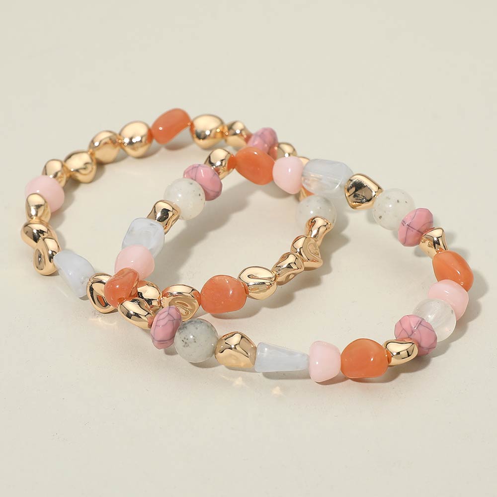 Madeline Love Pink 2PCS - Multicolor Pebble Beaded Stretch Multi Layered Bracelets - extra