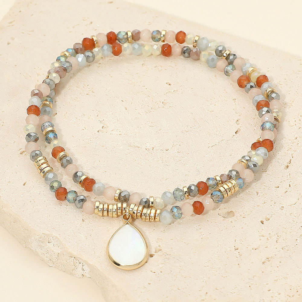 Madeline Love Gold, Multi Mother of Pearl Teardrop Charm Faceted Beaded Stretch Multi Layered Bracelets