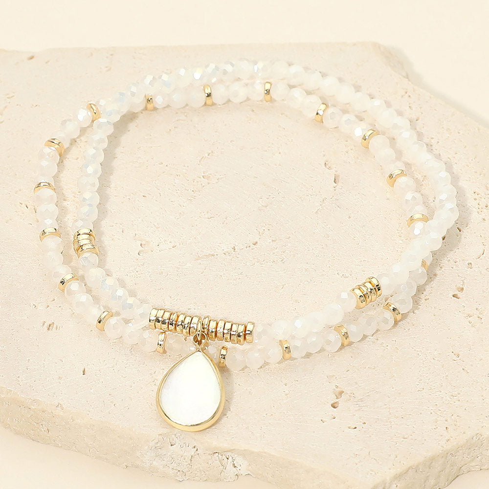 Madeline Love Gold, White Mother of Pearl Teardrop Charm Faceted Beaded Stretch Multi Layered Bracelets