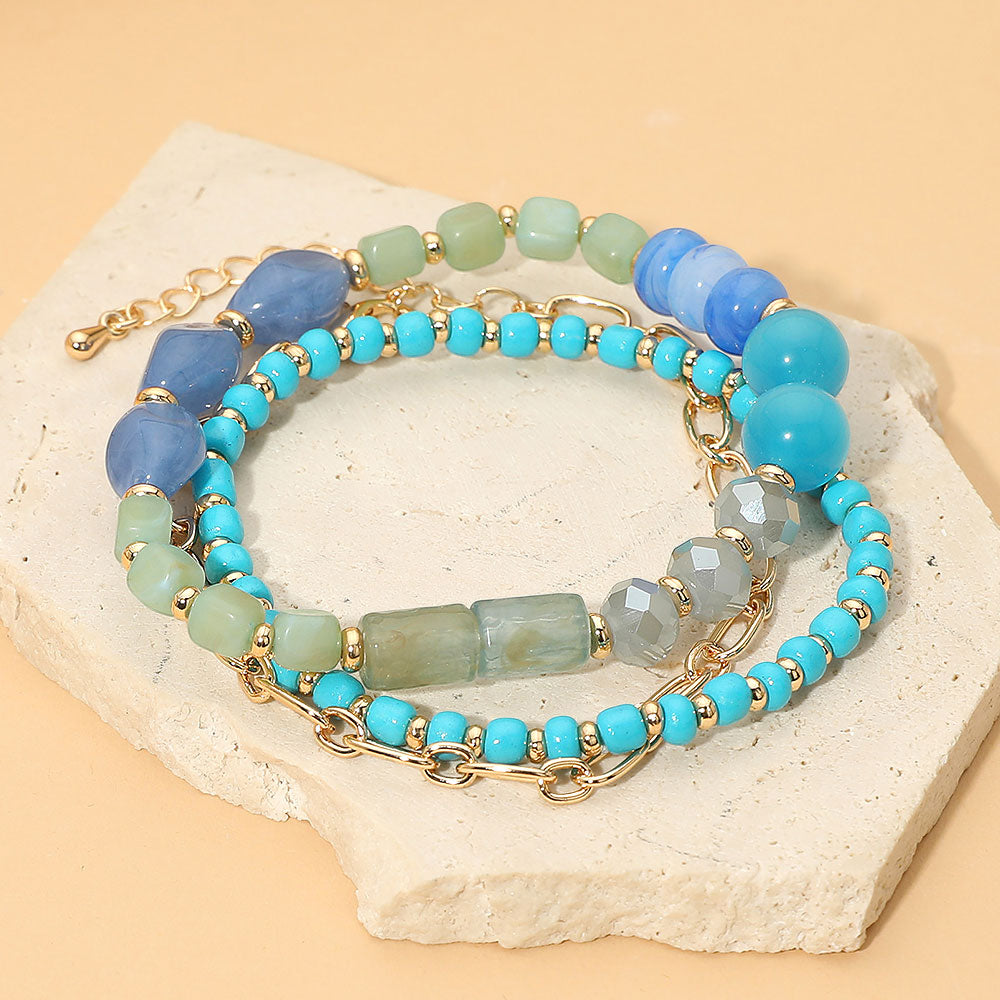 Madeline Love Gold, Turquoise Pebble Beaded Stretch Metal Link Chain Multi Layered Bracelets