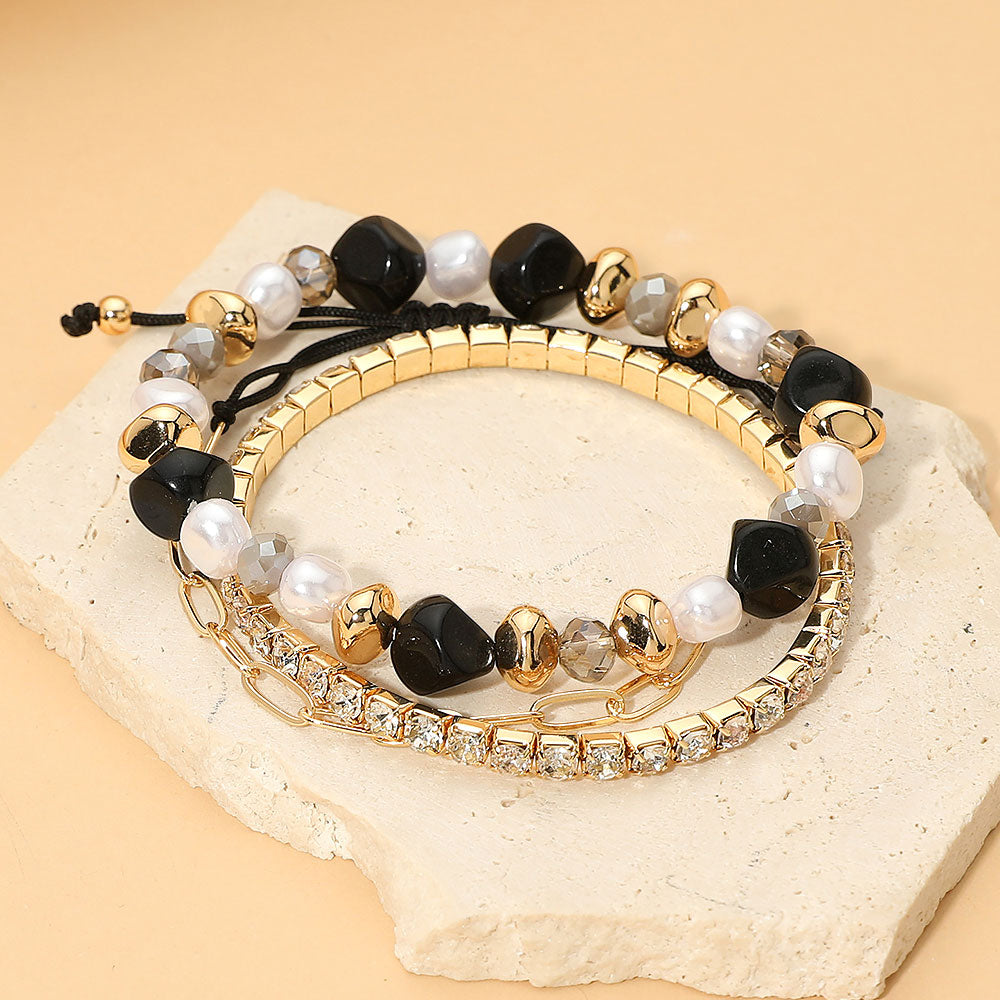 Madeline Love Black, Gold Pearl Faceted Beaded Rhinestone Stretch Paperclip Chain Multi Layered Bracelets