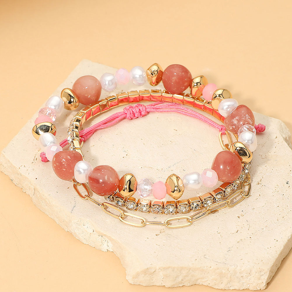 Madeline Love Gold, Pink Pearl Faceted Beaded Rhinestone Stretch Paperclip Chain Multi Layered Bracelets