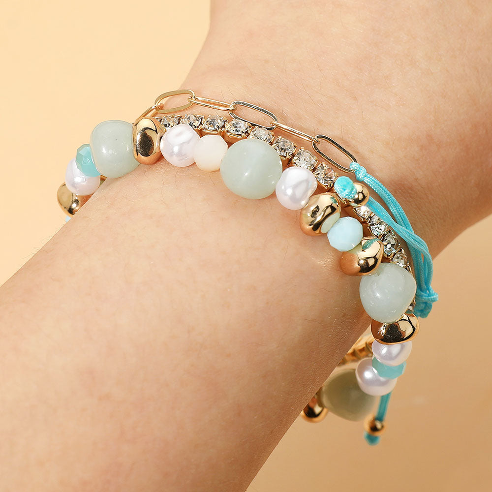 Madeline Love Gold, Turquoise Pearl Faceted Beaded Rhinestone Stretch Paperclip Chain Multi Layered Bracelets