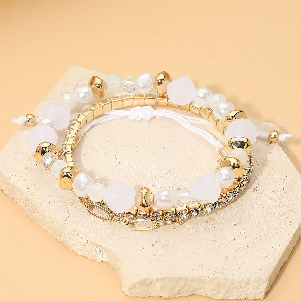 Madeline Love Gold, White Pearl Faceted Beaded Rhinestone Stretch Paperclip Chain Multi Layered Bracelets