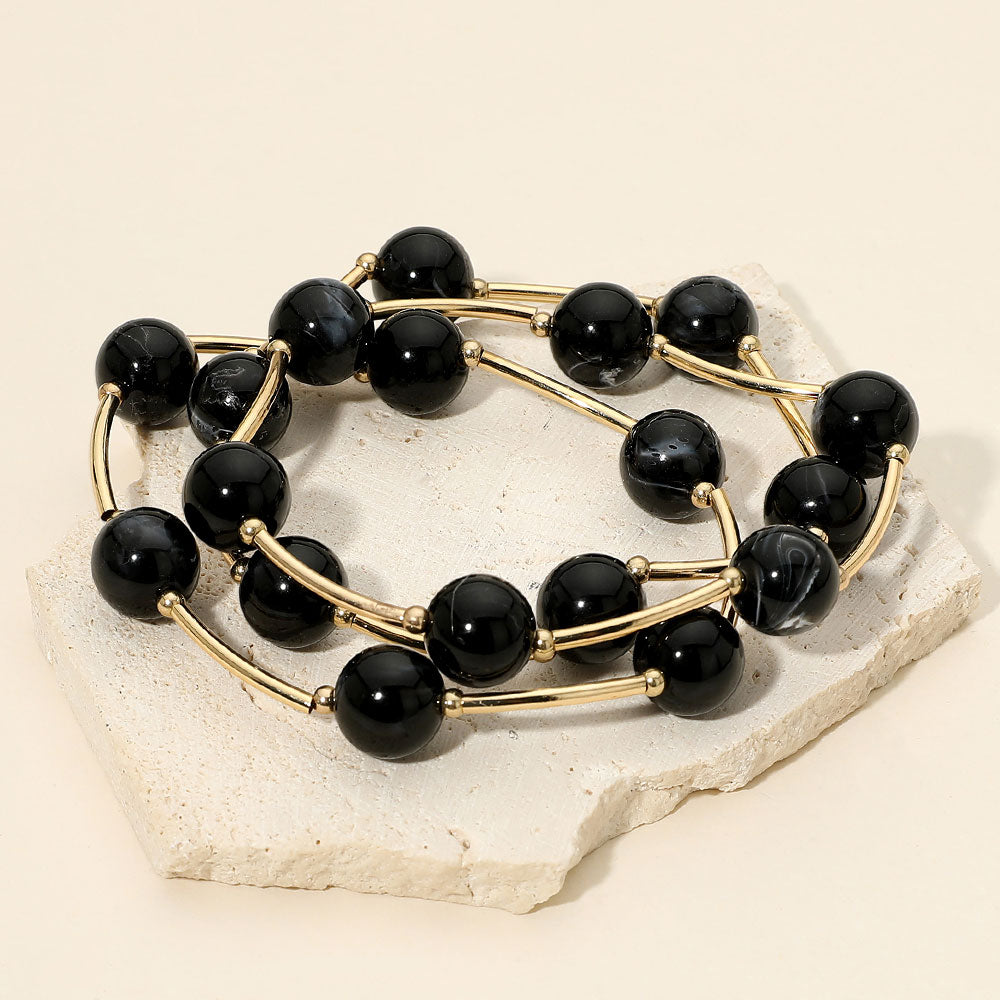 Madeline Love Black Round Ball Curved Bar Beaded Stretch Multi Layered Bracelets