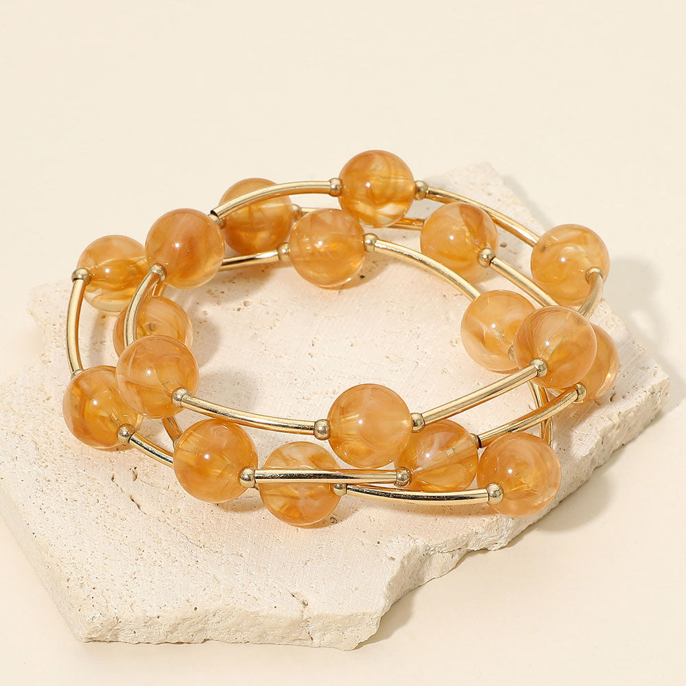 Madeline Love Brown Round Ball Curved Bar Beaded Stretch Multi Layered Bracelets