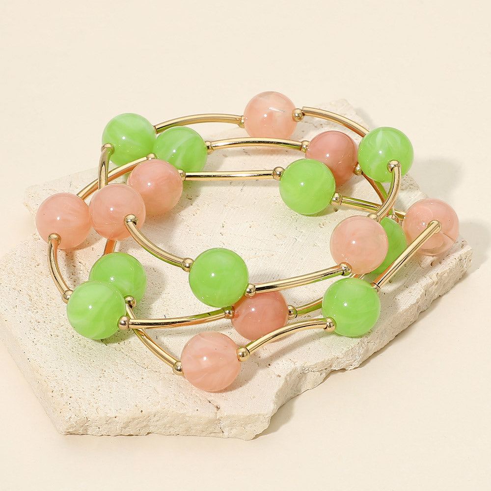 Madeline Love Pink&Green Round Ball Curved Bar Beaded Stretch Multi Layered Bracelets