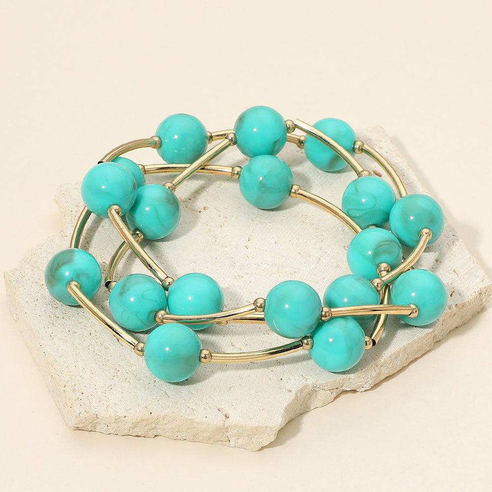 Madeline Love Teal Round Ball Curved Bar Beaded Stretch Multi Layered Bracelets