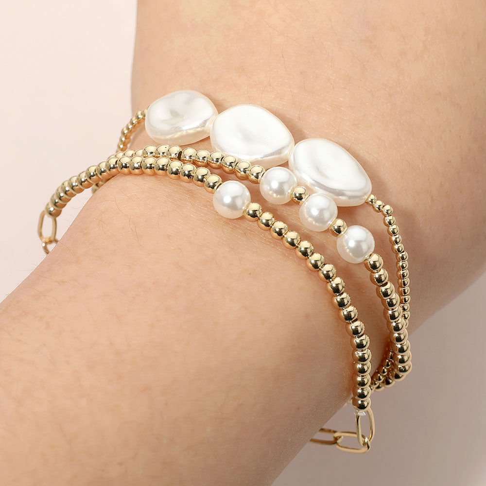 Madeline Love Cream, Gold Pearl Accent Paperclip Beaded Stretch Multi Layered Bracelets
