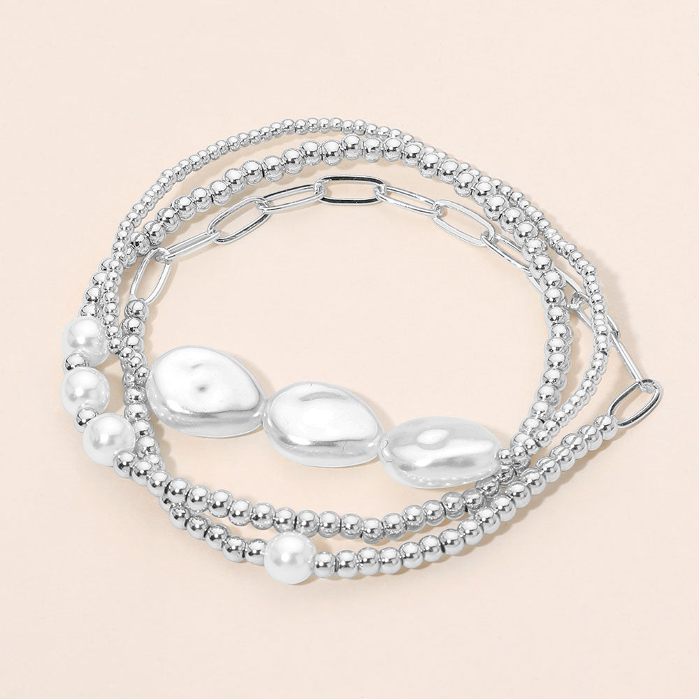 Madeline Love Cream, Rhodium Pearl Accent Paperclip Beaded Stretch Multi Layered Bracelets