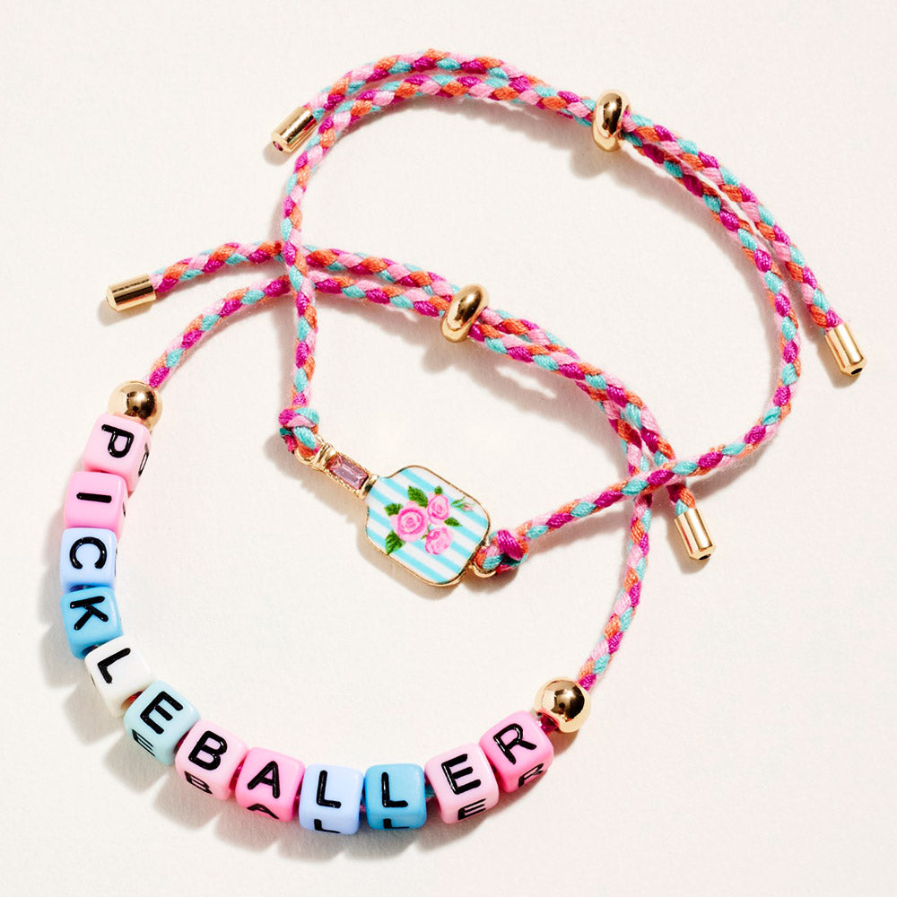 Madeline Love Pink, Teal 2PCS - PICKLEBALL Message Beaded Paddle Accent Adjustable Cinch Pull Tie Bracelets