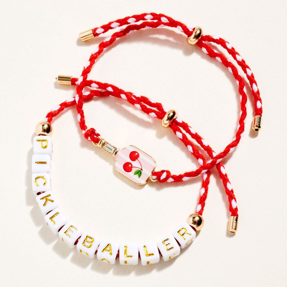 Madeline Love Pink, Red 2PCS - PICKLEBALL Message Beaded Paddle Accent Adjustable Cinch Pull Tie Bracelets
