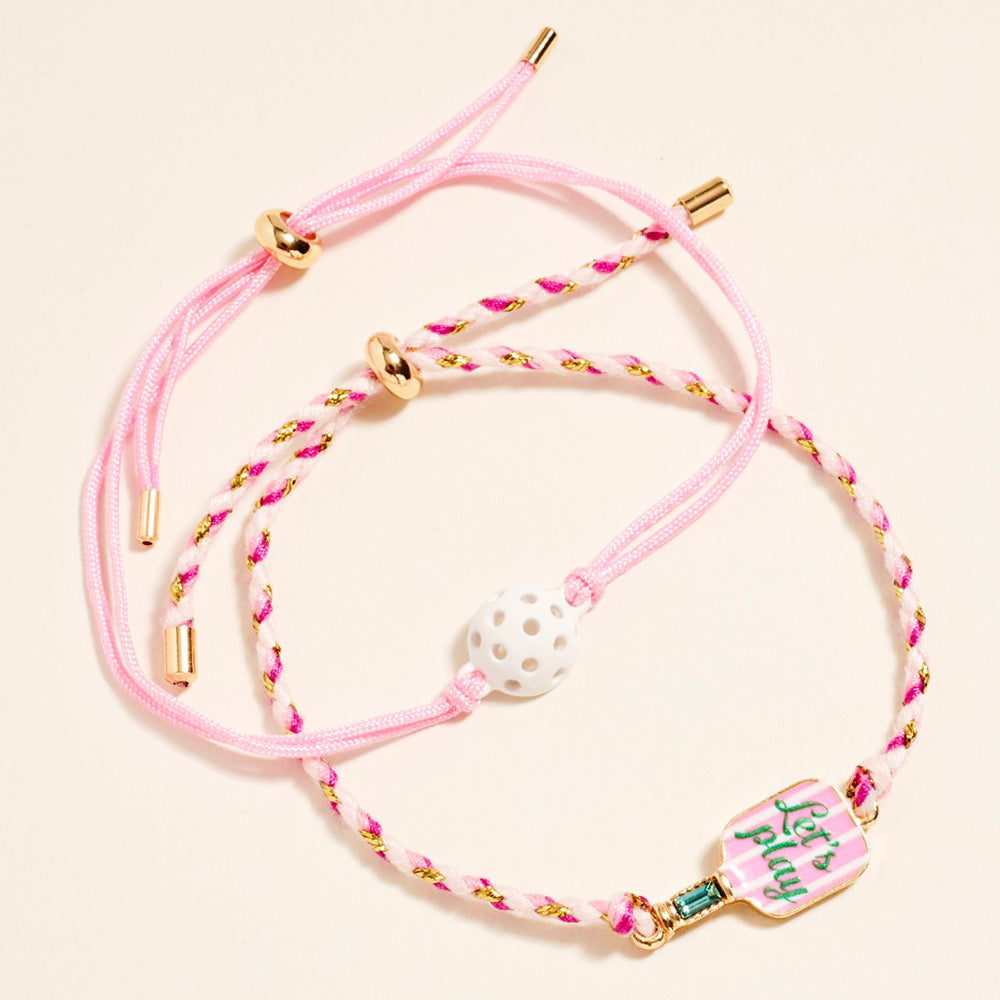 Madeline Love Pink 2PCS - LETS PLAY Pickleball Paddle Ball Accent Adjustable Cinch Pull Tie Bracelets
