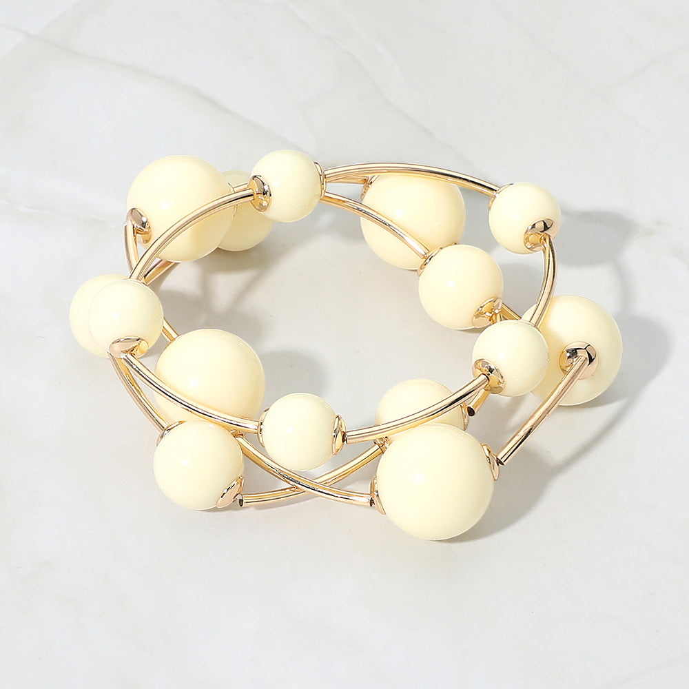 Madeline Love Gold, Ivory Resin Ball Metal Bar Beaded Stretch Stackable Multi Layered Bracelets